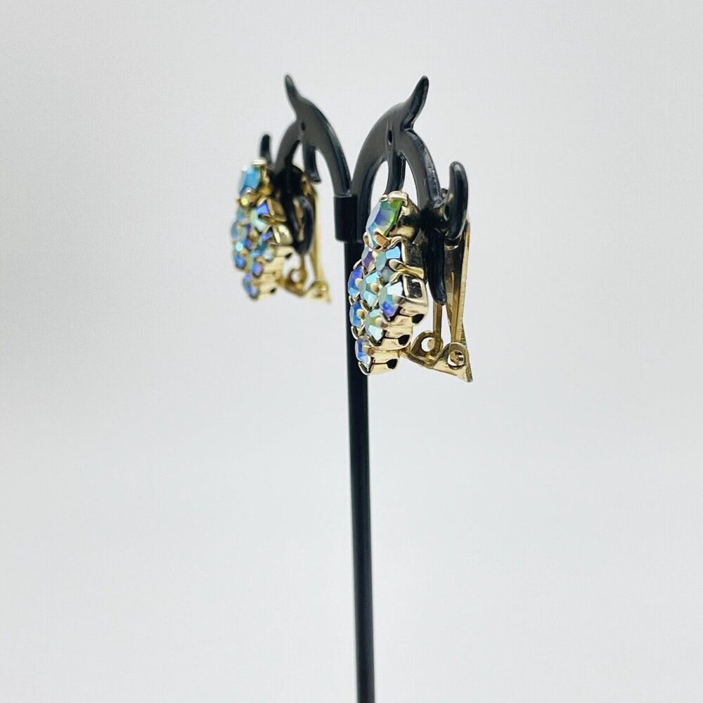 Vintage Square Aurora Borealis Earrings Gold Tone Clip On Glam Bling Sparkle - Picture 9 of 9